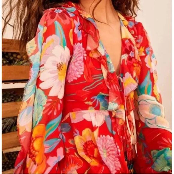 Farm Rio Red Floral Ruffle Flowy Short Dress Boho Hippie Vacation Indie Beaded - Picture 4 of 14